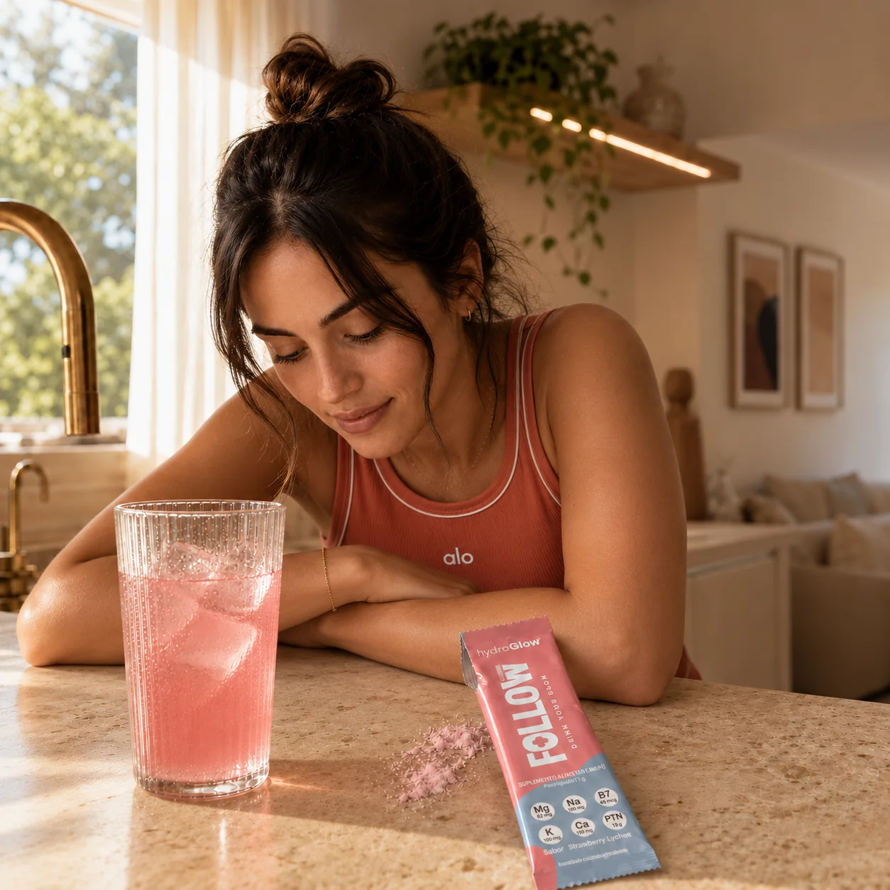 Ritual HydroGlow com sachê e copo sobre a mesa